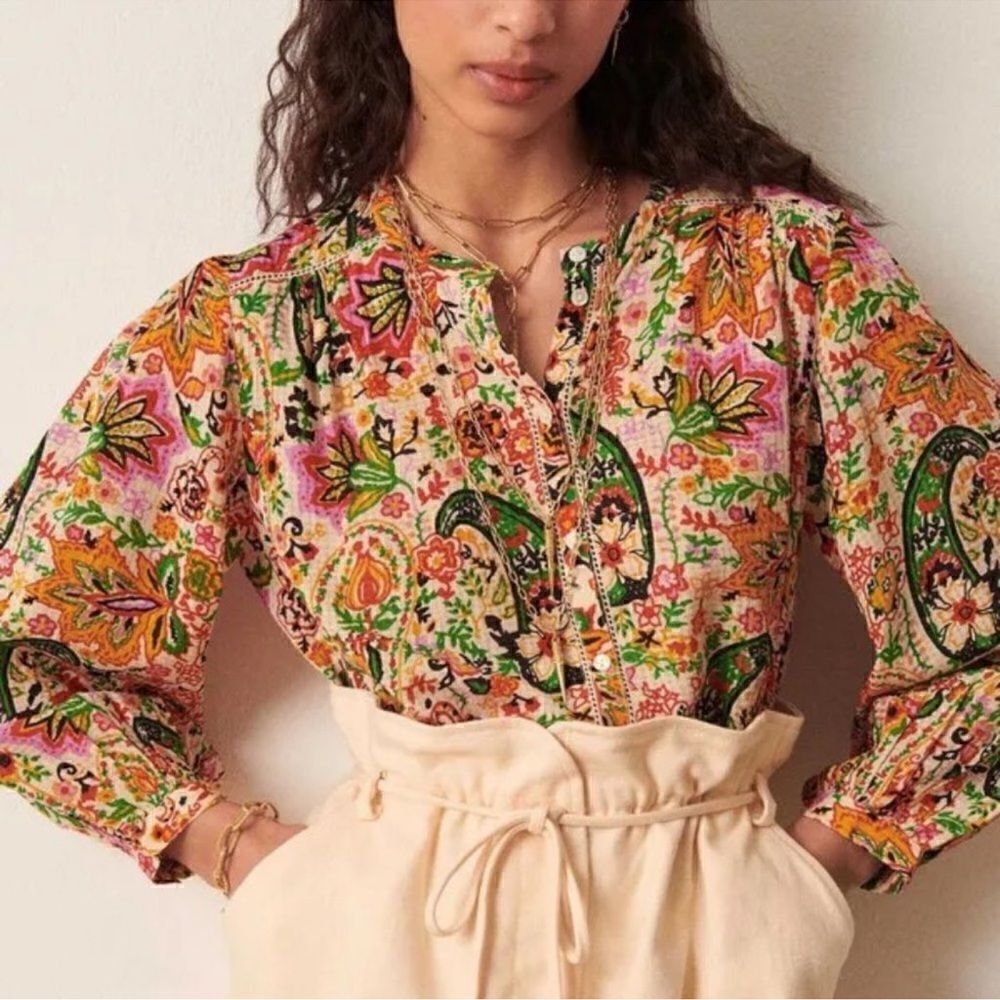 Ba&sh Bianca Floral Blouse In Vert Small NEW Long Sleeve Boho Peasant